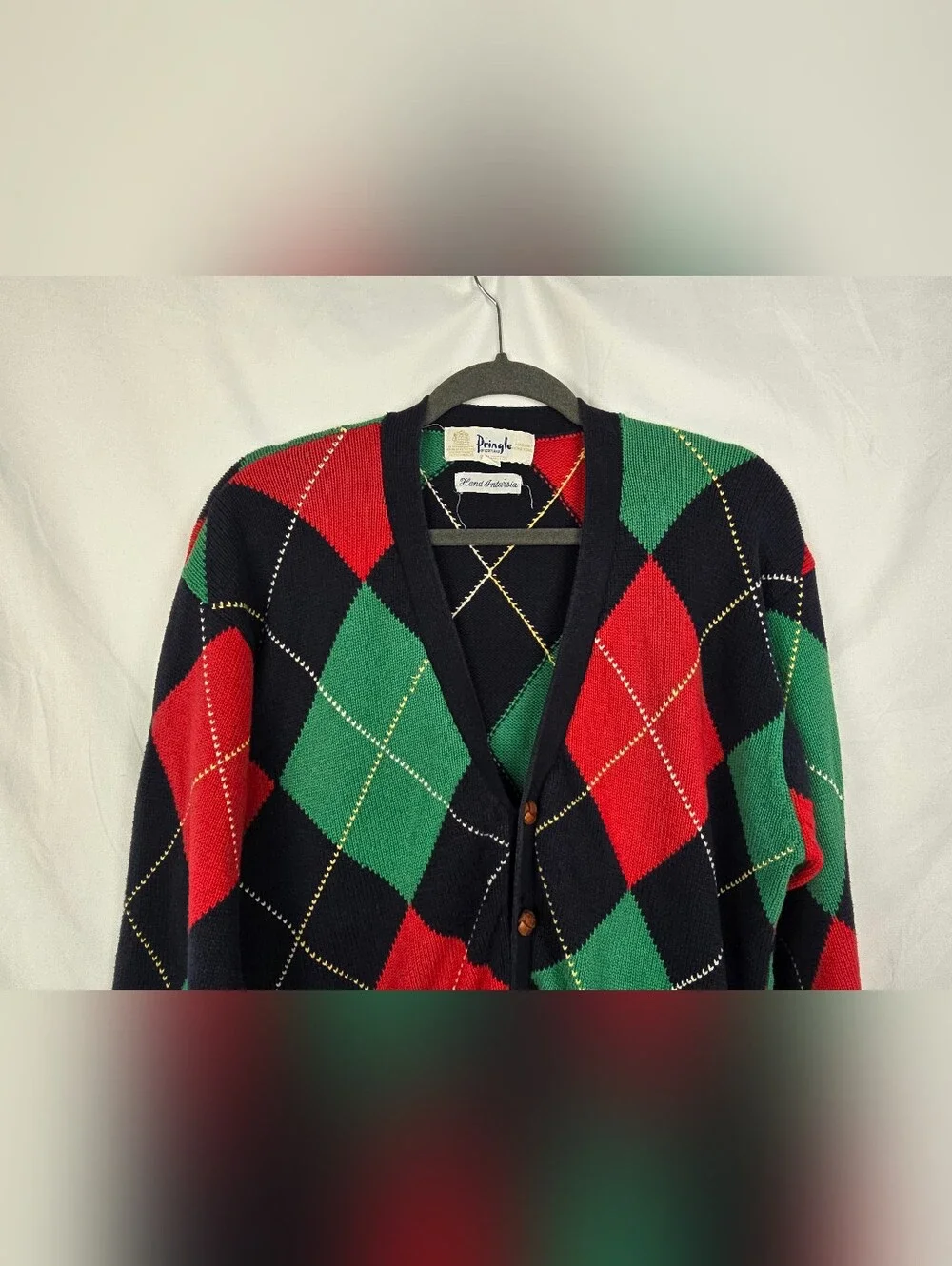 Pringle of Scotland Hand Intarsia VTG Argyle Golf Preppy Sweater Cardigan sz M